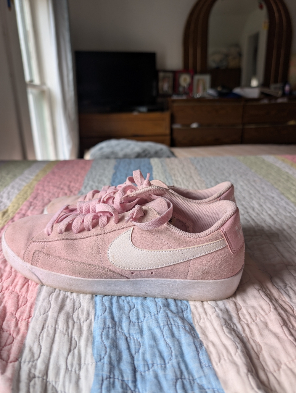 Nike Pink Suede Low-Profile Sneakers with White Swoosh